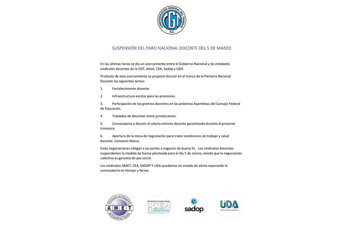 Suspensión del paro nacional docente del 5 de marzo